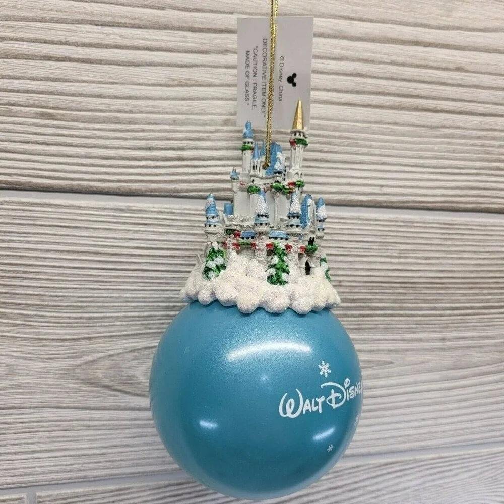 Disney World Christmas‎ Ornament Cinderella Castle Blue Glass Snowflake Ornament